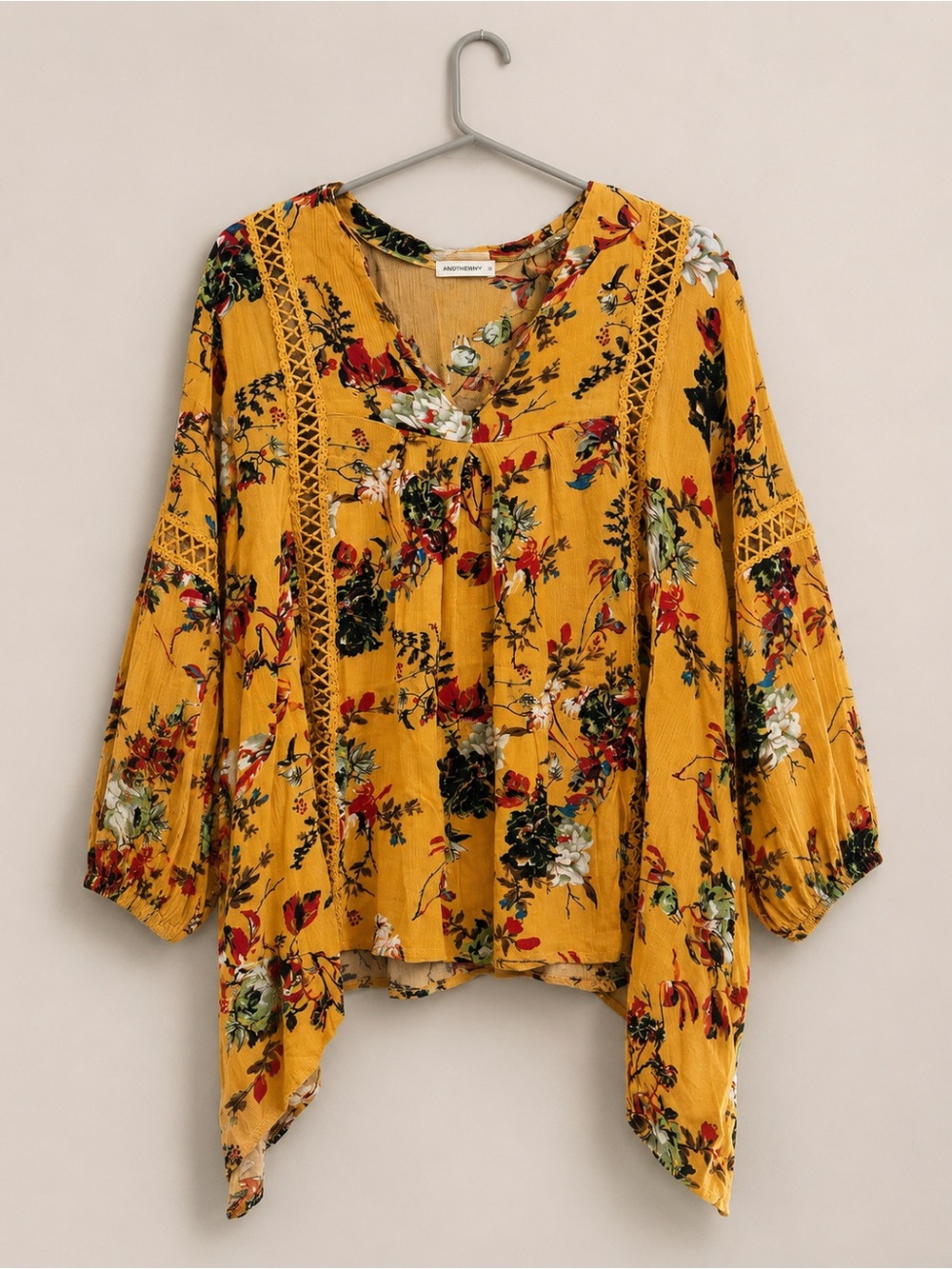 Mustard Floral V-Neck Peasant Top